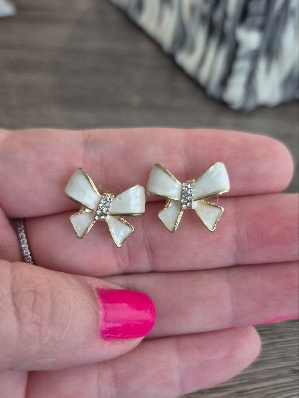Gold & White Bow Stud Earrings with Crystal Accent